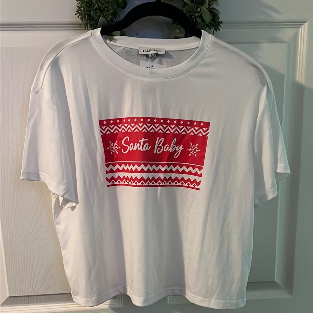 White T-Shirt with Red 'Santa Baby' Graphic